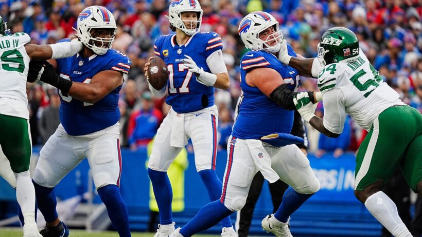Buffalo Bills quarterback Josh Allen stands in the pocket against the New York Jets