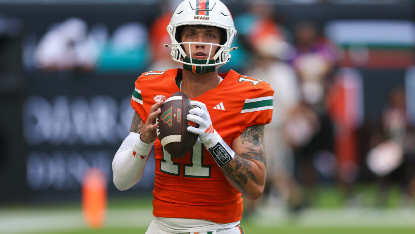 Miami Hurricanes quarterback Carson Beck warms up before a game