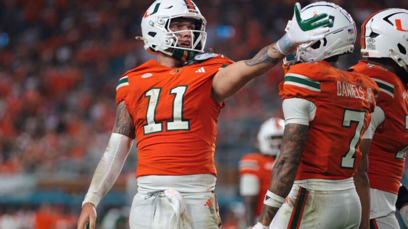 Carson Beck celebrates a first down versus South Florida.