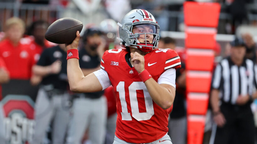 Ohio State Buckeyes quarterback Julian Sayin drops back to pass