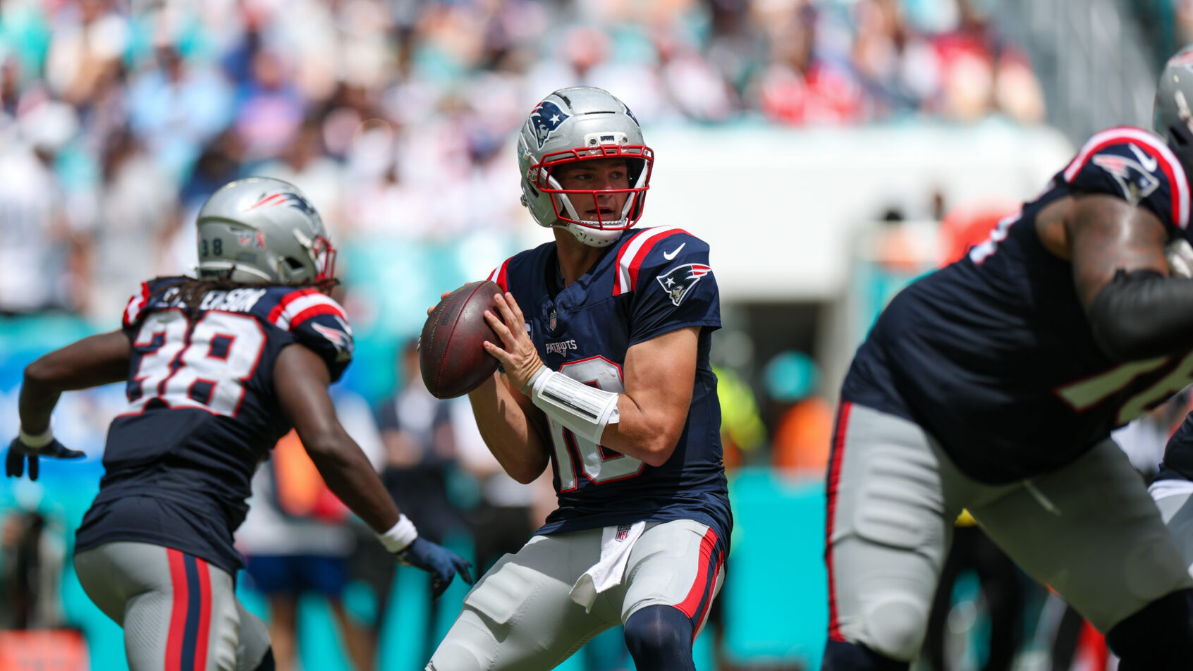 New England Patriots quarterback Drake Maye in the pocket