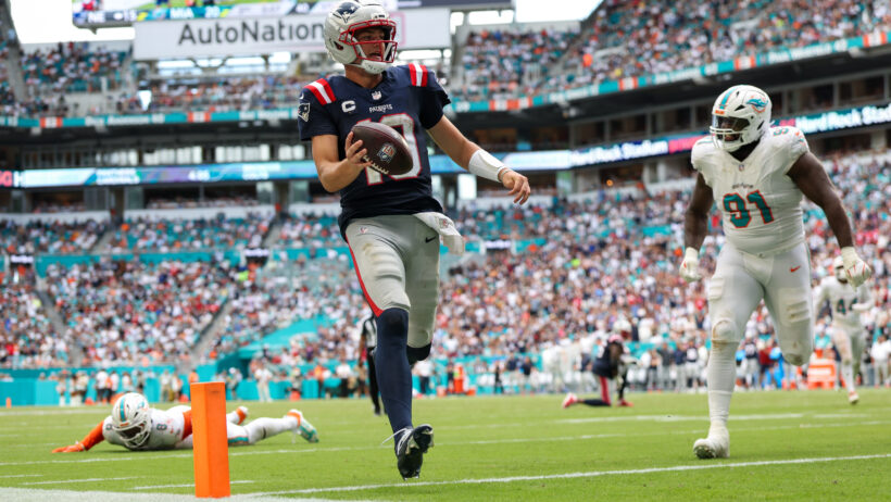 New England Patriots quarterback Drake Maye scoring a rushing TD