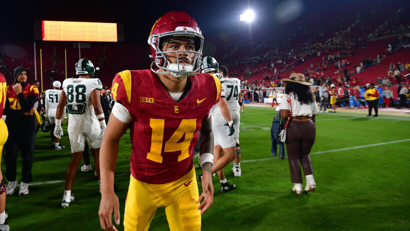 USC Trojans quarterback Jayden Maiava (14) following the victory against the Michigan State Spartans
