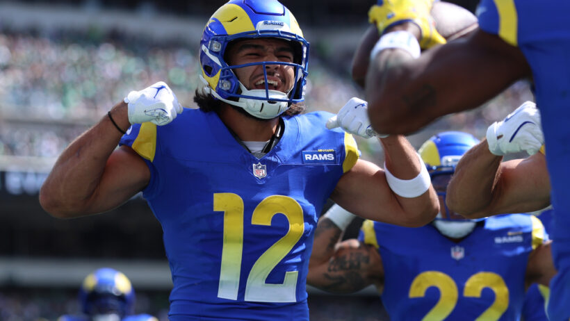 Los Angeles Rams wide receiver Puka Nacua flexes in the end zone