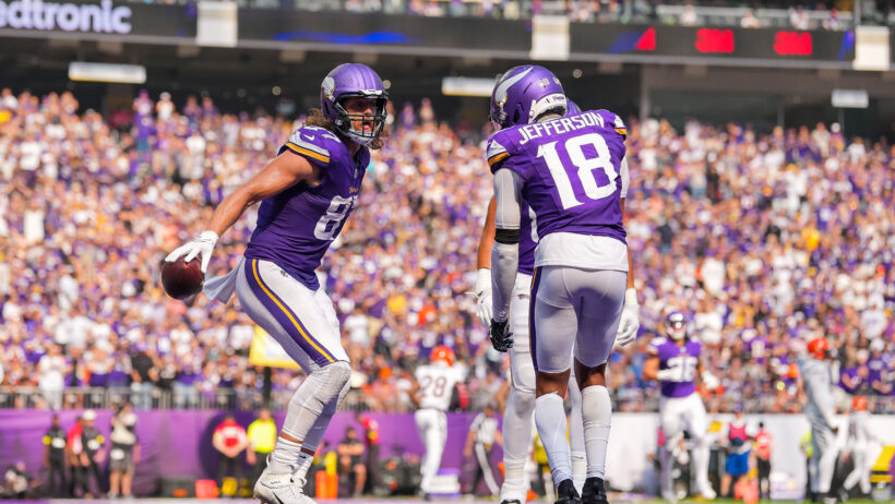 Minnesota Vikings tight end TJ Hockenson and wide receiver Justin Jefferson celebrate a TD