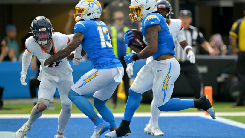 Los Angeles Chargers running back Omarion Hampton scoring a touchdown