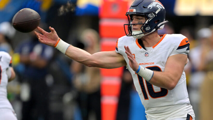 Denver Broncos quarterback Bo Nix throwing a pass