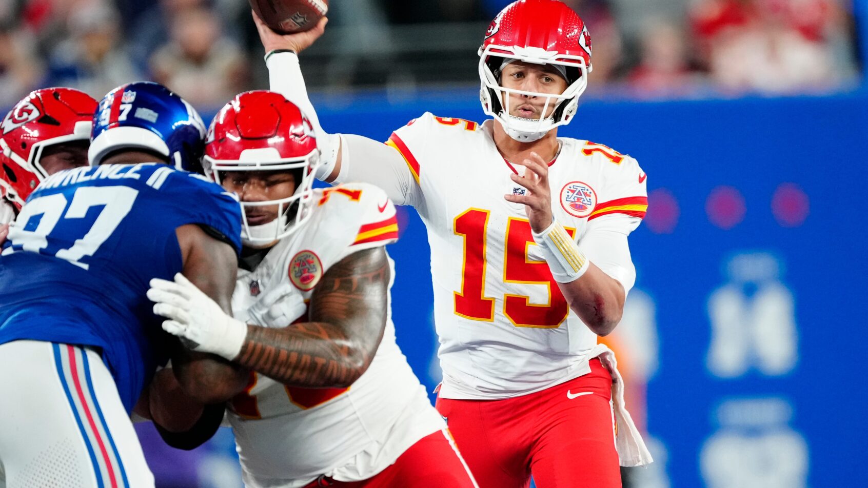 Kansas City Chiefs quarterback Patrick Mahomes throwing a pass