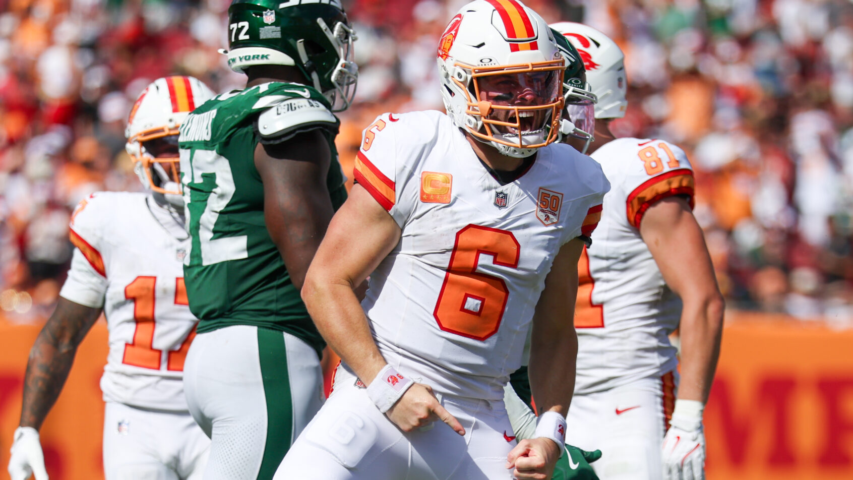 Baker Mayfield celebrating after a play vs the Jets