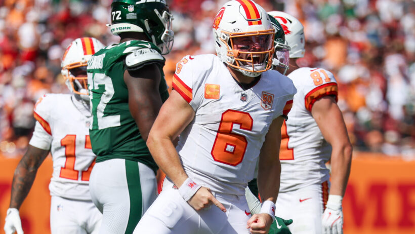 Baker Mayfield celebrating after a play vs the Jets