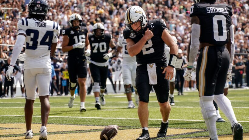 Diego Pavia celebrates a TD vs Utah State.