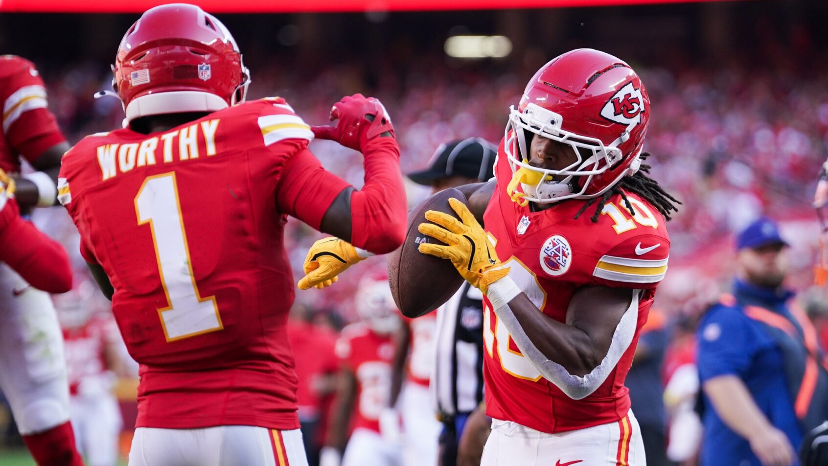 BET99 Promo Code MNF Week 5. Xavier Worthy and Isiah Pacheco celebrate in endzone.