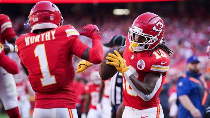 BET99 Promo Code MNF Week 5. Xavier Worthy and Isiah Pacheco celebrate in endzone.