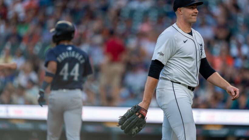 Detroit Tigers pitcher Tarik Skubal walking off the field after recording an out against the Seattle Mariners