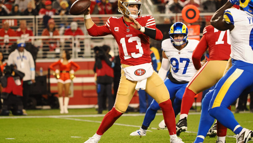 San Francisco 49ers quarterback Brock Purdy throws a pass against the LA Rams