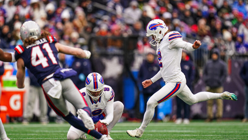 Buffalo Bills place kicker Tyler Bass kicking a field goal against the New England Patriots