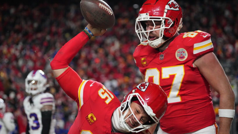 Kansas City Chiefs quarterback Patrick Mahomes spikes the ball after scoring a TD against the Buffalo Bills