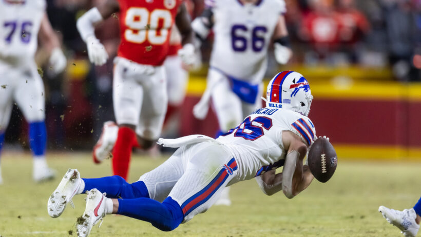 Buffalo Bills tight end Dalton Kincaid dropping a pass against the Kansas City Chiefs