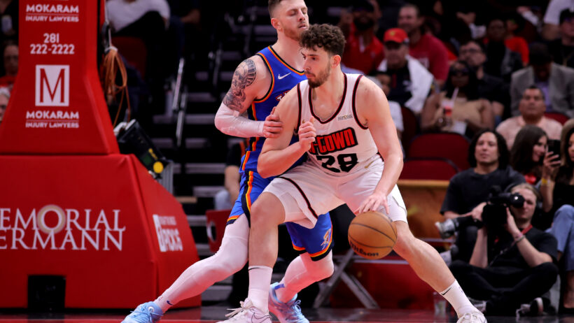 Houston Rockets center Alperen Sengun posts up against Oklahoma City Thunder center Isaiah Hartenstein