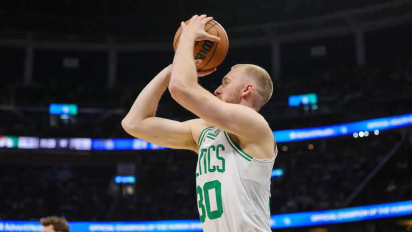 Sam Hauser fires a three-point attempt versus Orlando.