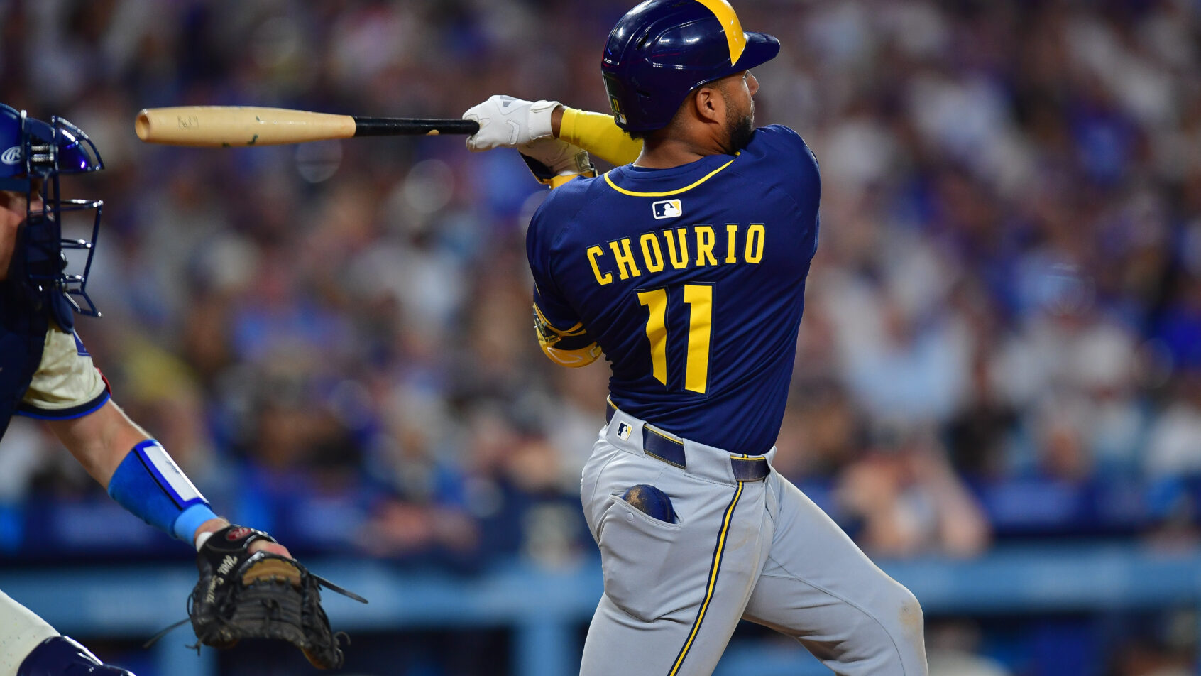 Milwaukee Brewers right fielder Jackson Chourio at the plate against the LA Dodgers