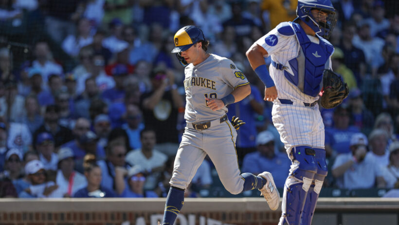 Milwaukee Brewers right fielder Sal Frelick crosses home plate against the Chicago Cubs