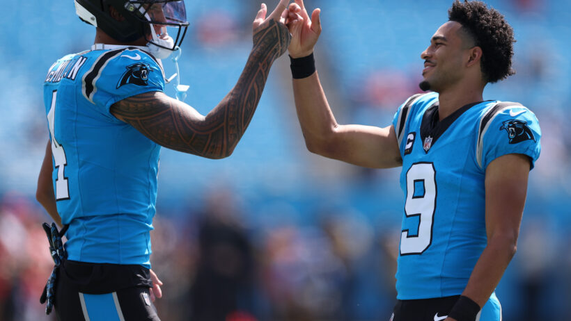 Tetairoa McMillan and Bryce Young pregame