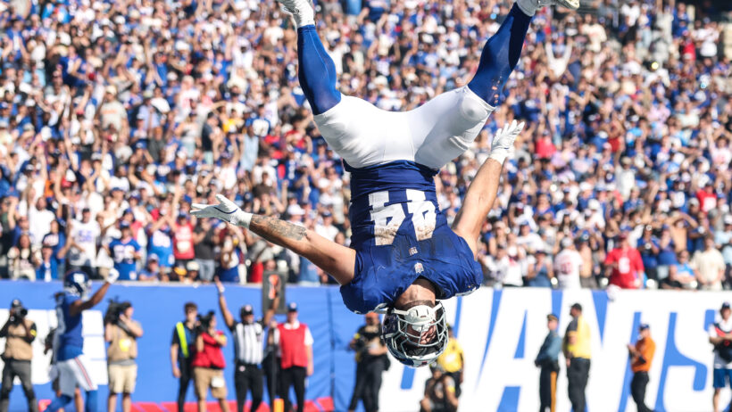 Cam Skattebo celebrating after a touchdown