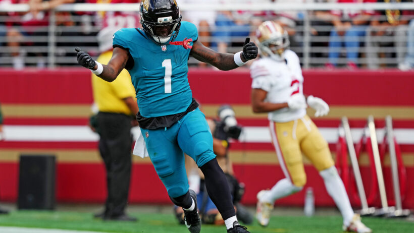 Jacksonville Jaguars running back Travis Etienne Jr scoring a TD against the 49ers