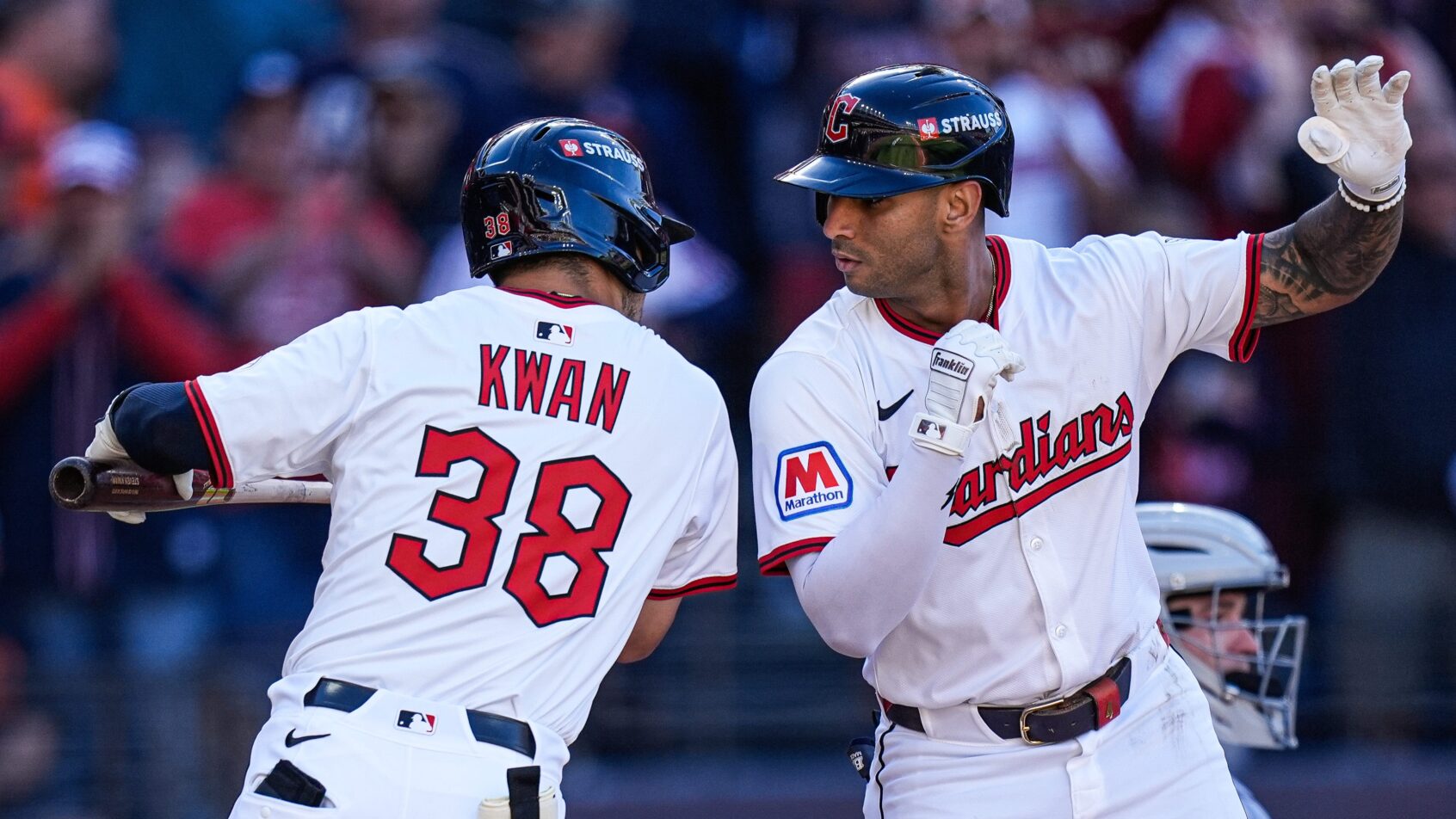 Cleveland Guardians second base Brayan Rocchio celebrates at home plate second baseman Brayan Rocchio