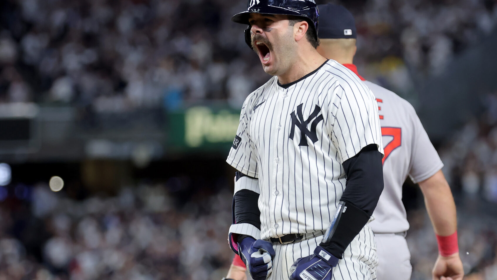 New York Yankees catcher Austin Wells celebrates an RBI single