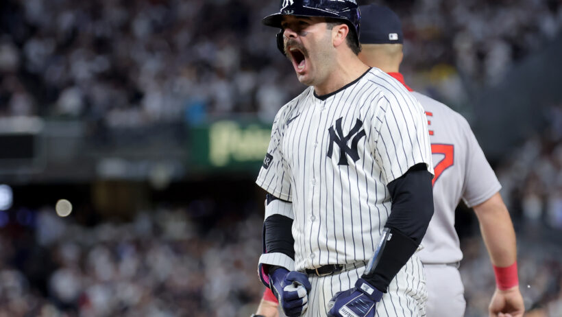 New York Yankees catcher Austin Wells celebrates an RBI single
