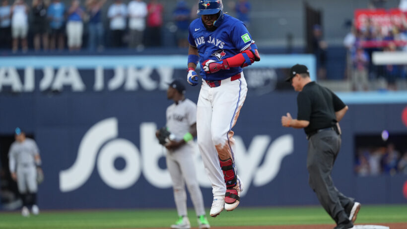 Toronto Blue Jays first baseman Vladimir Guerrero Jr rounding the bases after hitting a home run against the New York Yankees