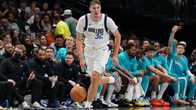 Dallas Mavericks forward Cooper Flagg dribbling up the court