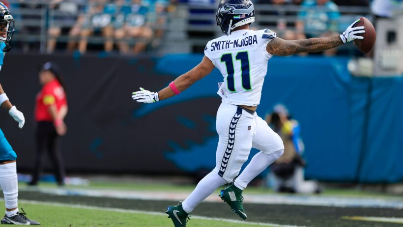 Seattle Seahawks wide receiver Jaxon Smith-Njigba scoring a TD