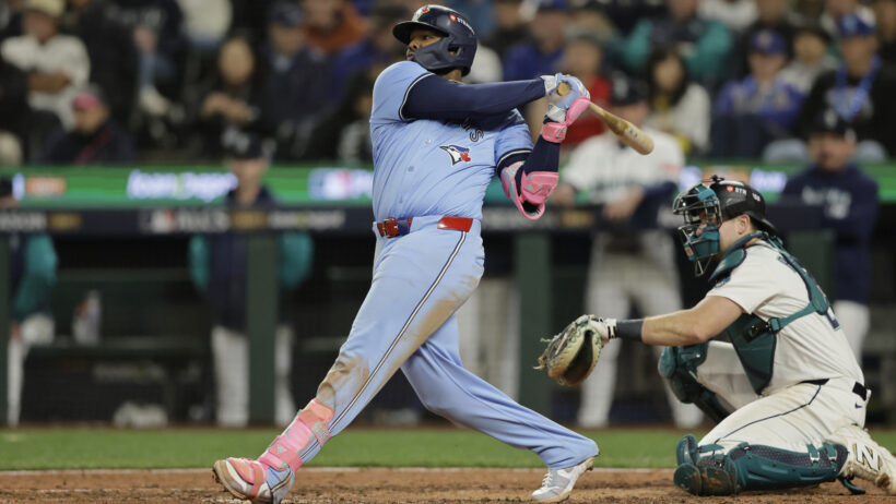 Toronto Blue Jays first baseman Vladimir Guerrero Jr hitting a double against the Seattle Mariners