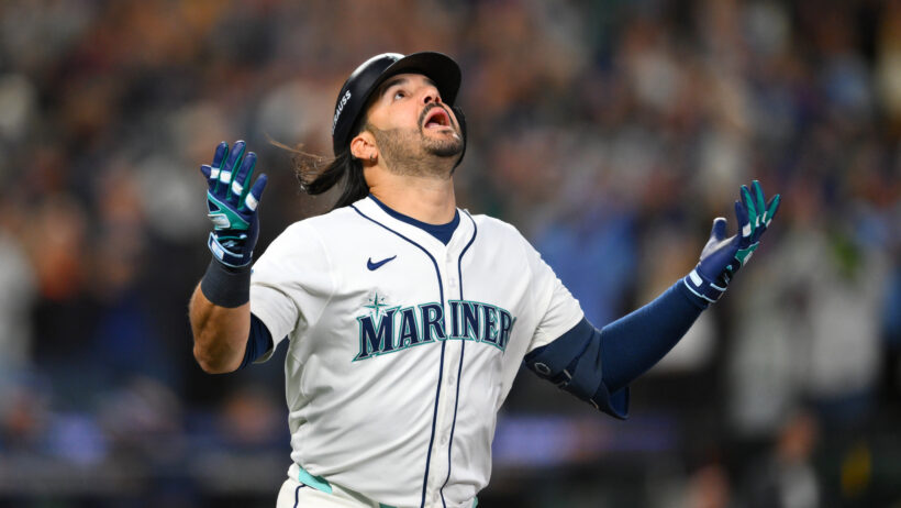 Seattle Mariners third baseman Eugenio Suarez reacts after hitting a grand slam