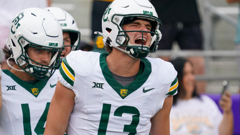 Sawyer Robertson celebrates a Baylor TD versus TCU.