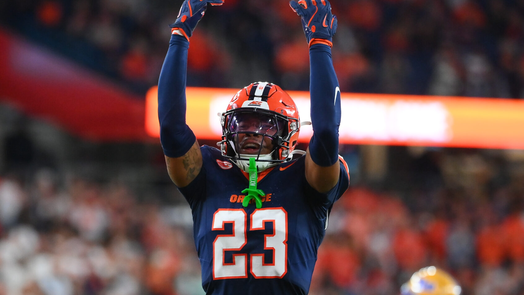 Syracuse safety Devin Grant reacts to a play vs Pitt