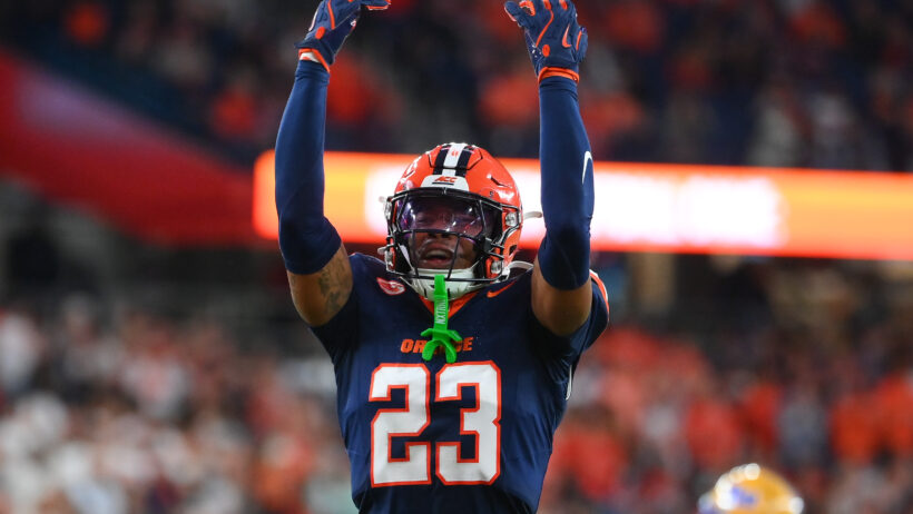 Syracuse safety Devin Grant reacts to a play vs Pitt
