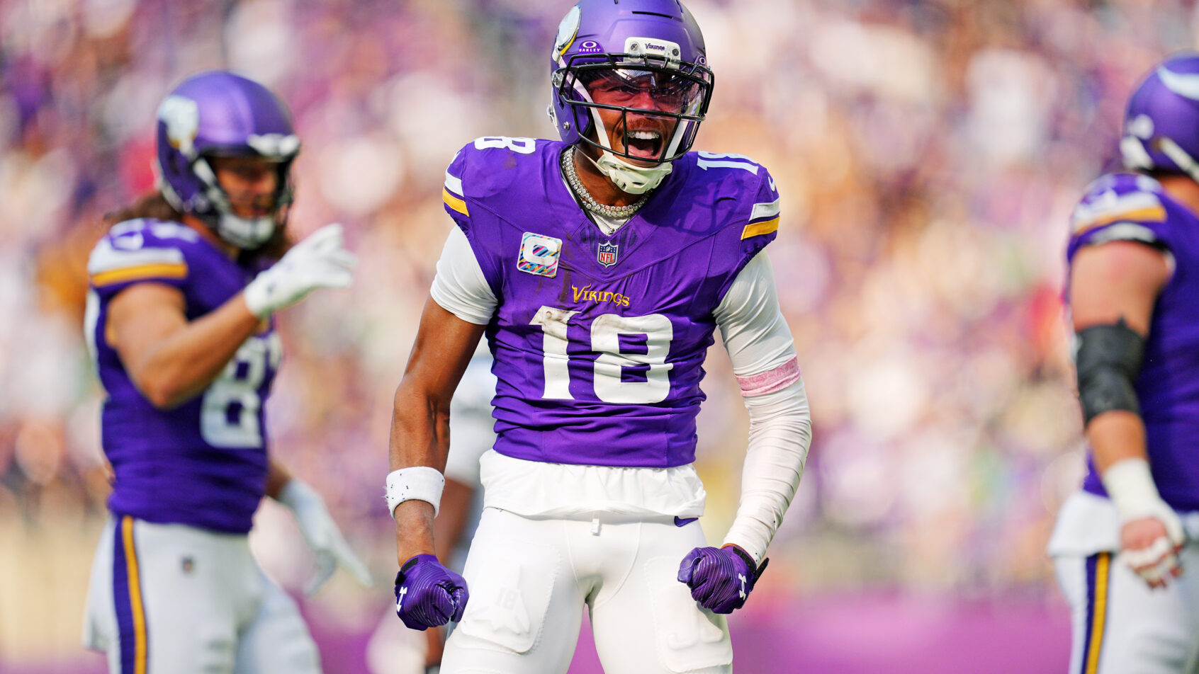 Justin Jefferson celebrates a catch versus the Eagles.