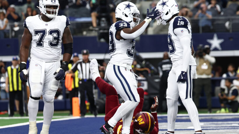 Dallas Cowboys running back Javonte Williams celebrates a TD