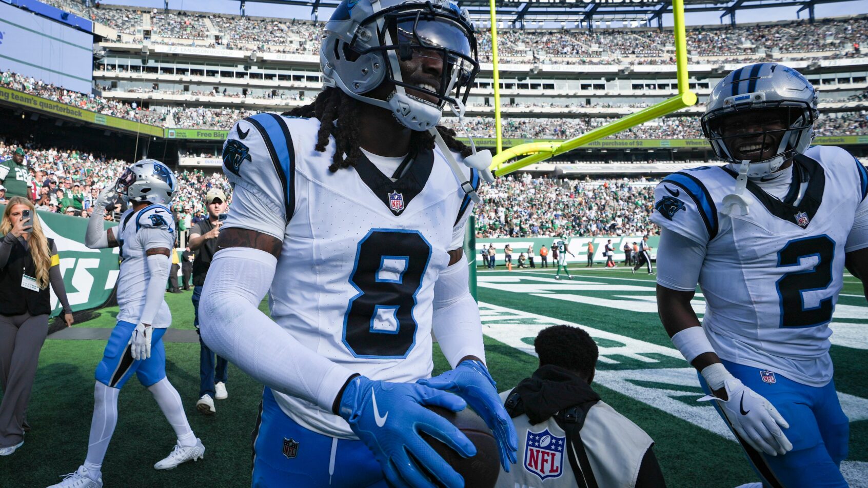 Carolina Panthers cornerback Jaycee Horn celebrating an interception