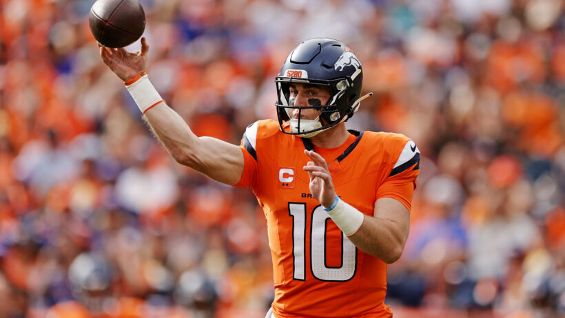 Denver Broncos quarterback Bo Nix throwing a pass