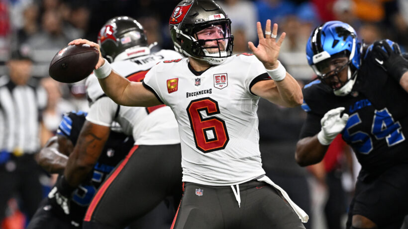 Tampa Bay Buccaneers quarterback Baker Mayfield throwing a pass
