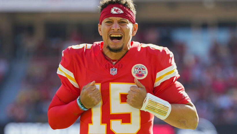 Patrick Mahomes pumps himself up before a game versus Las Vegas.