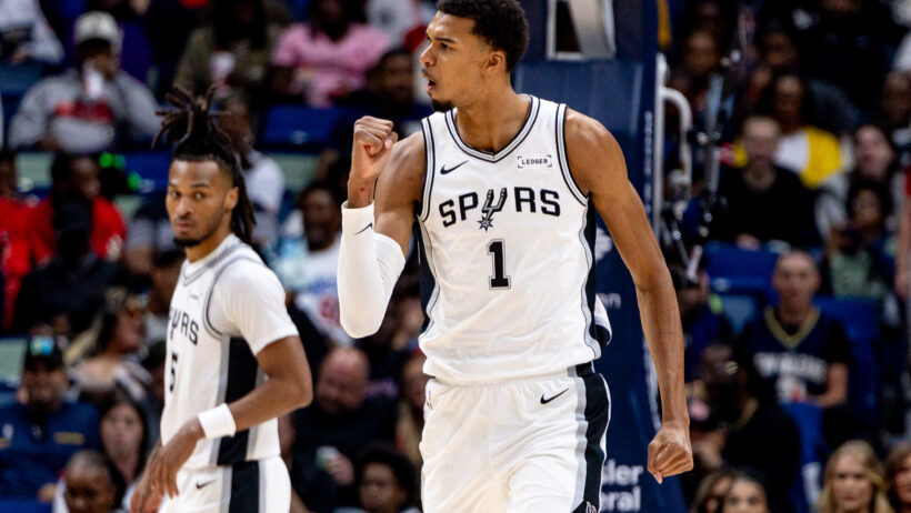 San Antonio Spurs center Victor Wembanyama pumps his first after a play