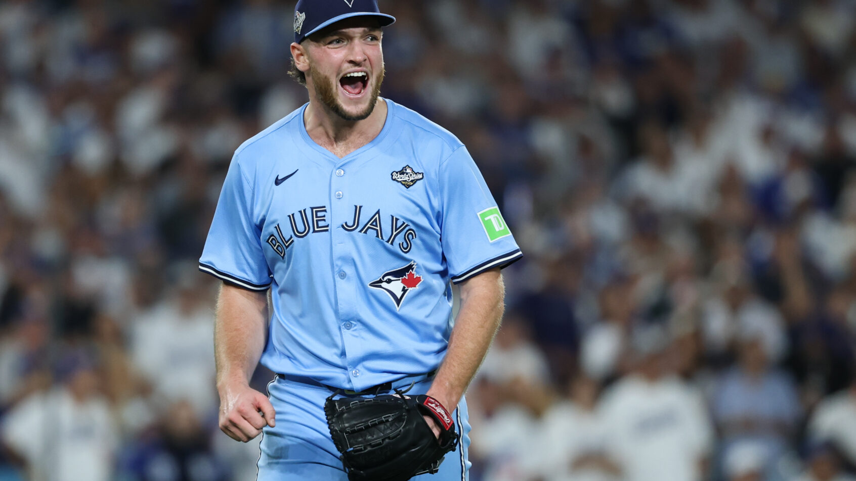 Toronto Blue Jays pitcher Trey Yesavage celebrates a strikeout