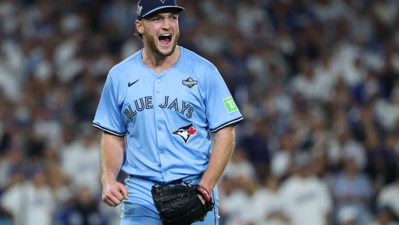 Toronto Blue Jays pitcher Trey Yesavage celebrates a strikeout