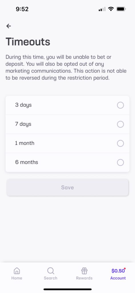 Timeouts Page for RG at Hard Rock Bet